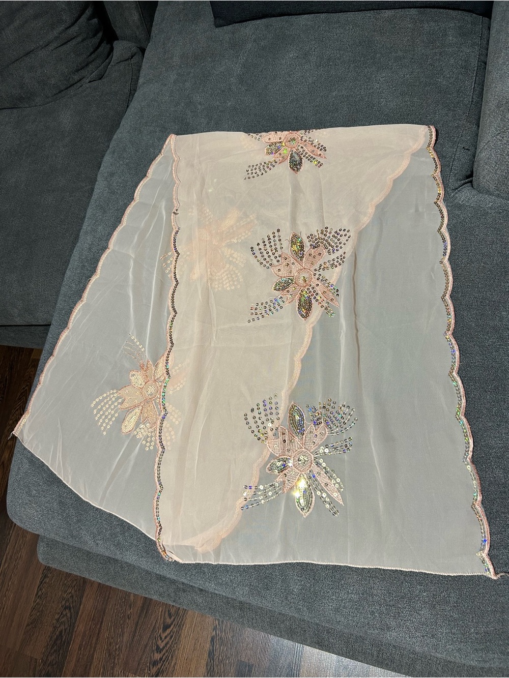 Vintage Sheer Embellished Pink Floral Flower Scarf/ Pashmina/ Wrap